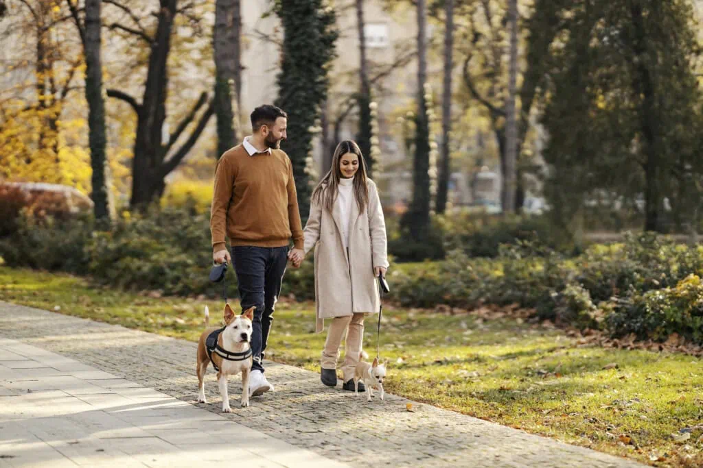 Ein Paar spaziert, um 10.000 Schritte am Tag zu erreichen